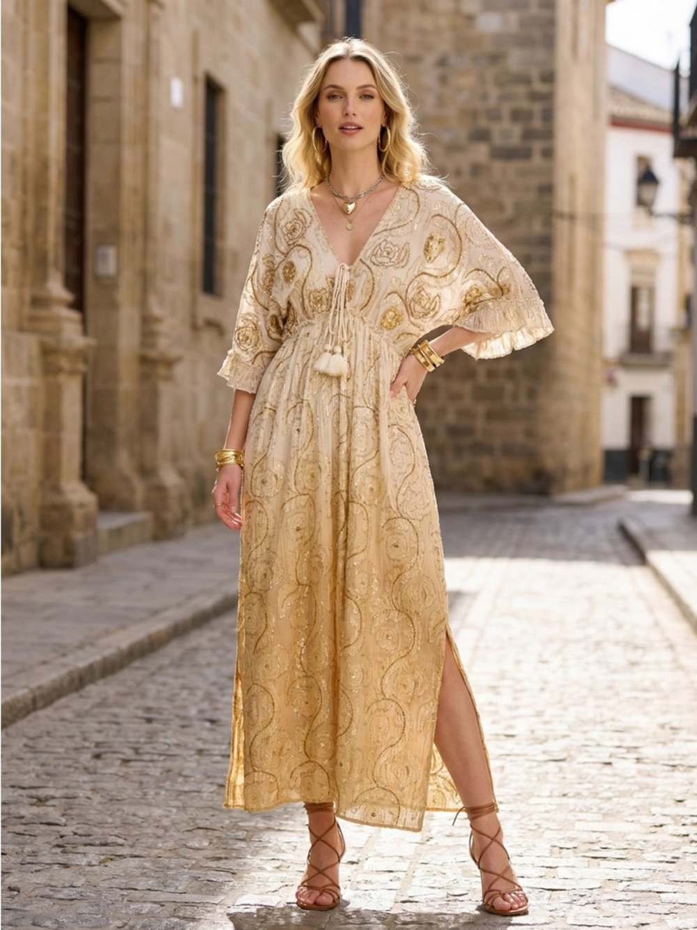 Gold Embroidered V-Neck Maxi Dress with Tie Front